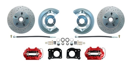 64/70 Front Disc Brake Kit Drilled and Slotted Rotors Red Callipers, Larger Bearings For 69/70